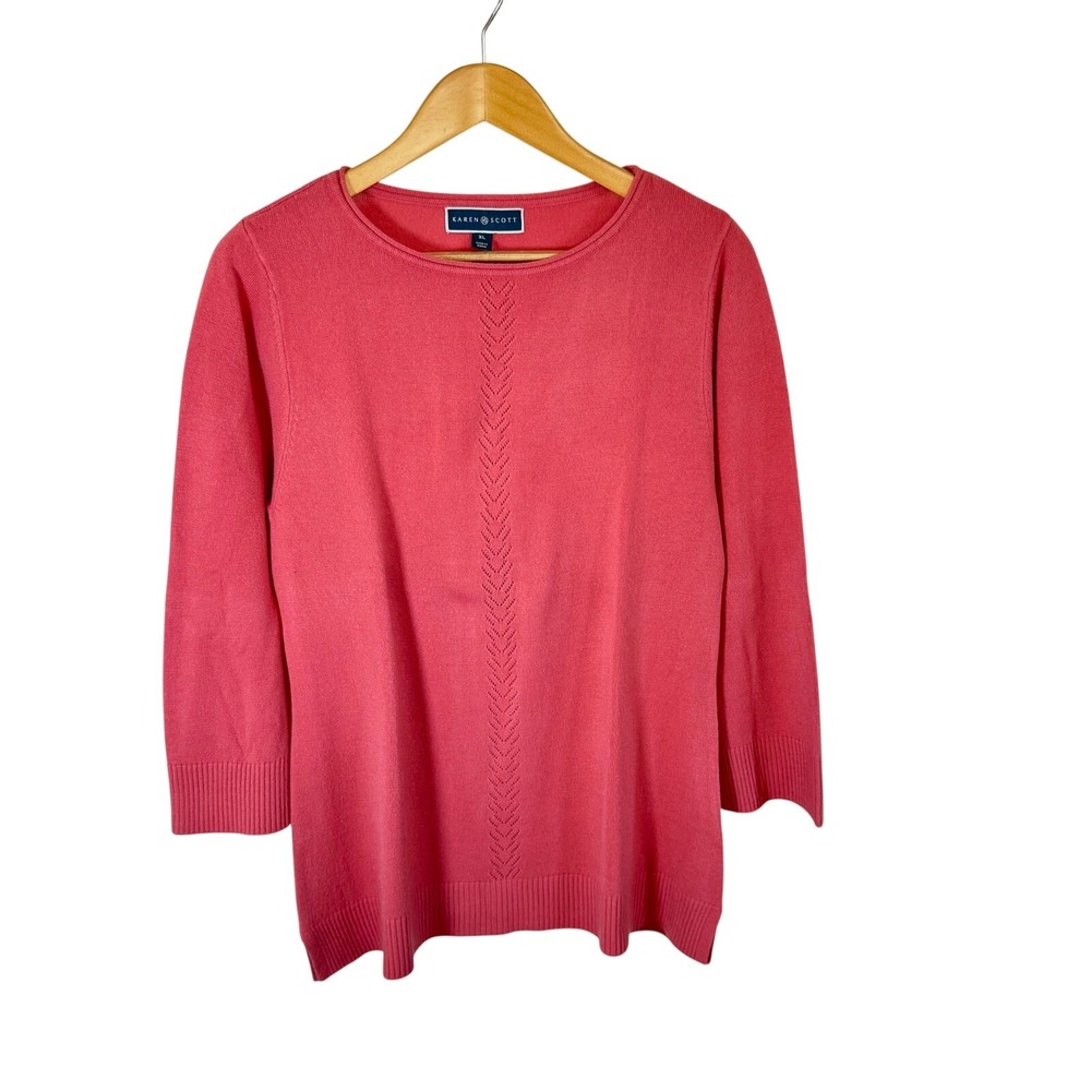 Karen Scott Women's Lightweight Pointelle Knit Sweater Pink Orchid 3/4 Sleeve XL